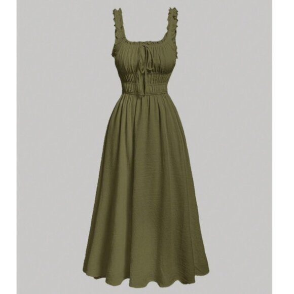 SHEIN Dresses & Skirts - NWT Army Green Cottagecore Ruffle Strap Maxi Dress Size 6 Medium